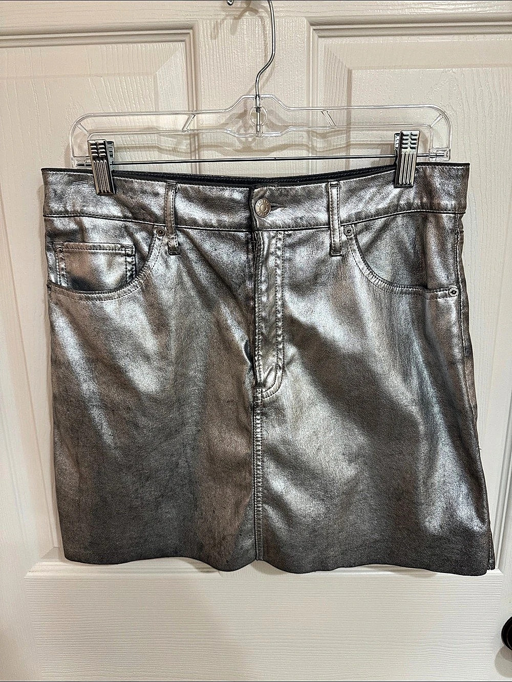 Express Distressed Metallic High Waist Skirt in Silver